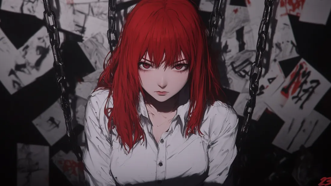 2k红发少女壁纸｜暗黑锁链背景 - 动漫二次元「哲风壁纸」