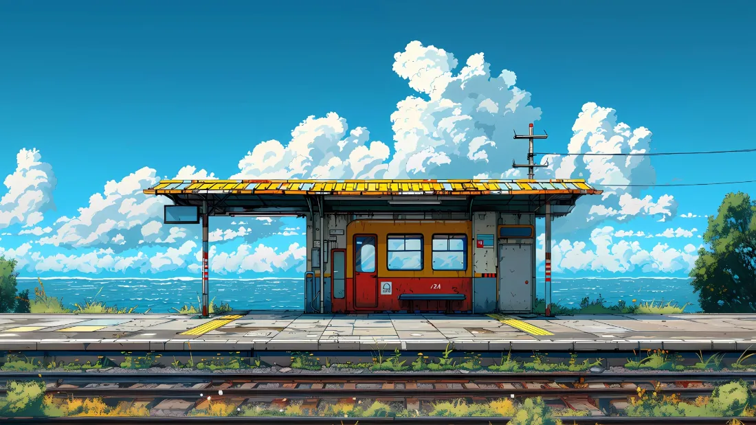 2k海边小站壁纸｜蓝天背景图片 - 铁轨大海「哲风壁纸」