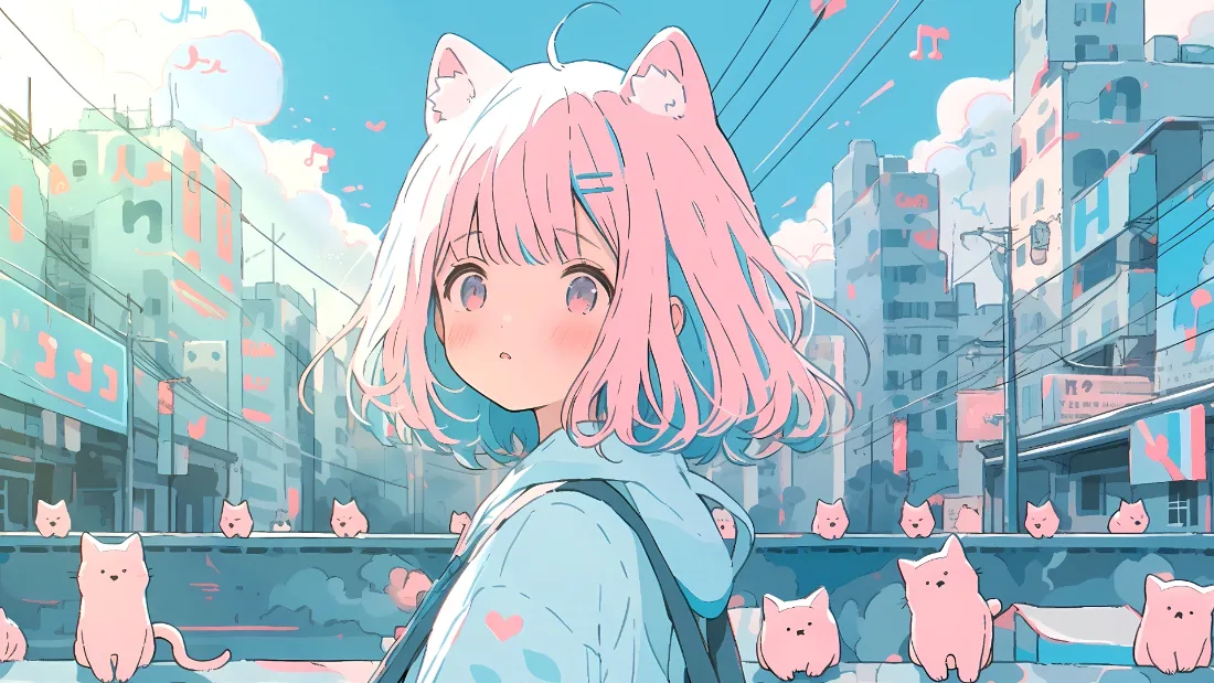2k猫耳少女壁纸｜城市街道背景图片 - 粉色小猪「哲风壁纸」