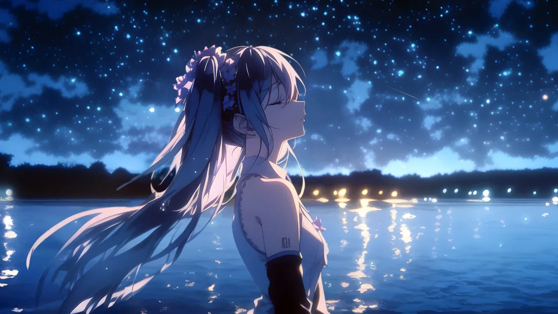 2k动漫少女壁纸｜蓝色星空背景图片 - 水边星光夜景「哲风壁纸」