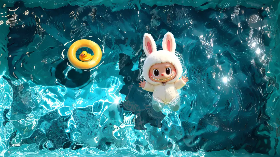 2k兔子装玩偶壁纸｜蓝色泳池背景图片 - 小黄鸭游泳圈「哲风壁纸」