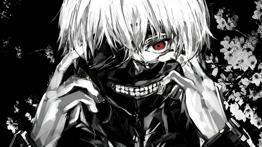 2k金木研壁纸｜黑白樱花背景 - 东京食尸鬼「哲风壁纸」