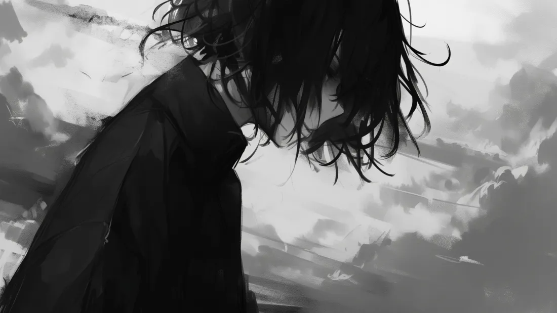 2k黑发黑衣动漫人物壁纸｜黑白云层背景 - 艺术插画「哲风壁纸」