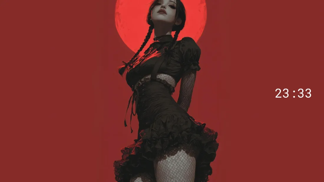 2k黑衣少女壁纸｜红底背景图 - 暗黑风格红温「哲风壁纸」