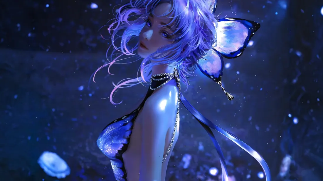 2k蓝发少女壁纸｜蝴蝶背景图片 - 梦幻夜景「哲风壁纸」