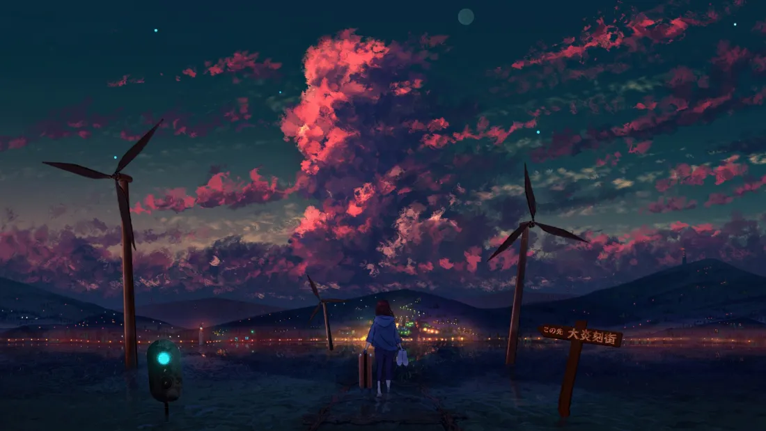 2k红温动漫壁纸｜晚霞风车背景图 - 城市夜景人物背影「哲风壁纸」