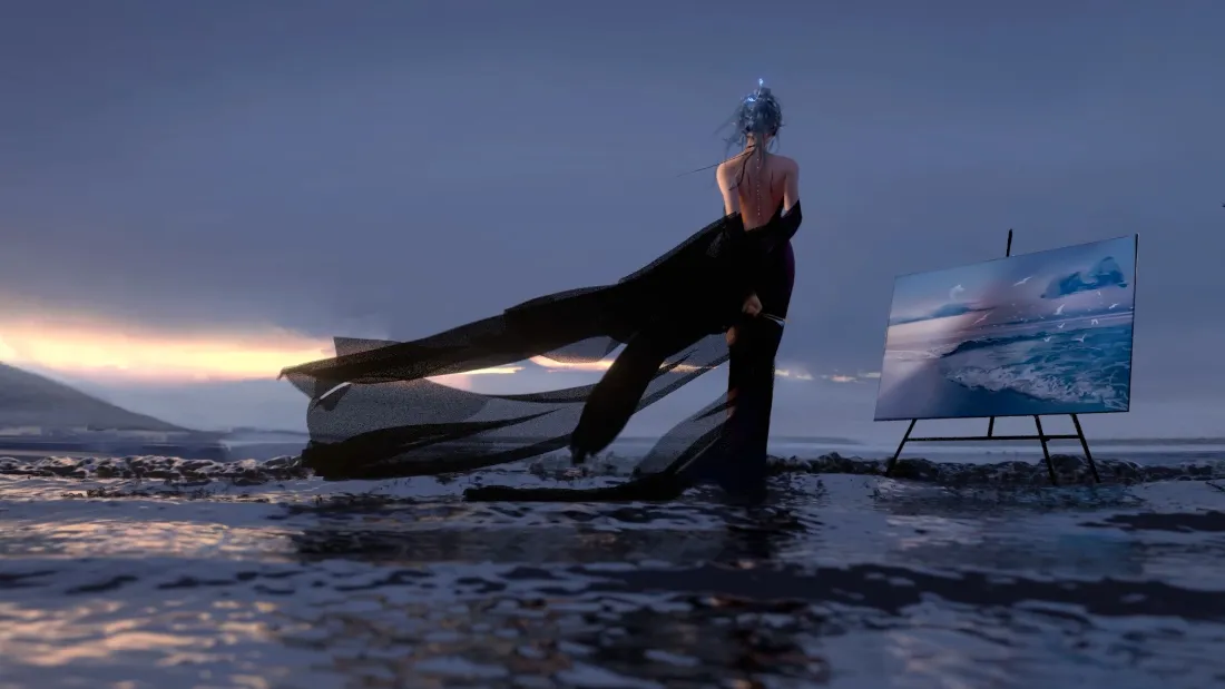 2k蓝发角色壁纸｜水边绘画背景 - 动漫黄昏「哲风壁纸」