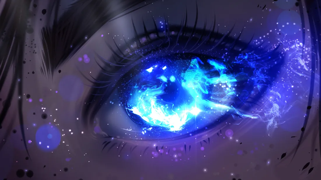 2k蓝色发光眼眸壁纸｜紫色光点背景 - 二次元「哲风壁纸」