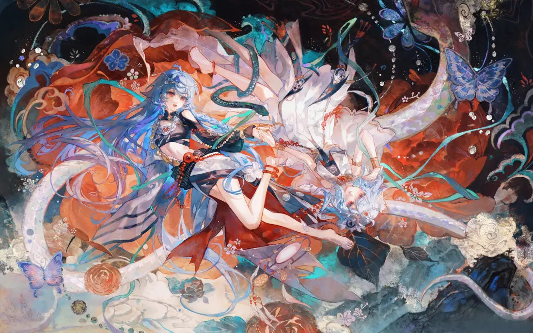 3k蓝发少女神兽壁纸｜二次元背景图 - 古风奇幻插画「哲风壁纸」