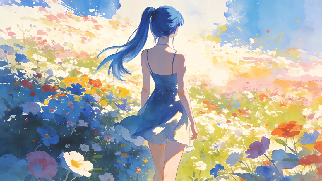 4k花海女孩壁纸｜花海背景图片 - 蓝发女孩「哲风壁纸」