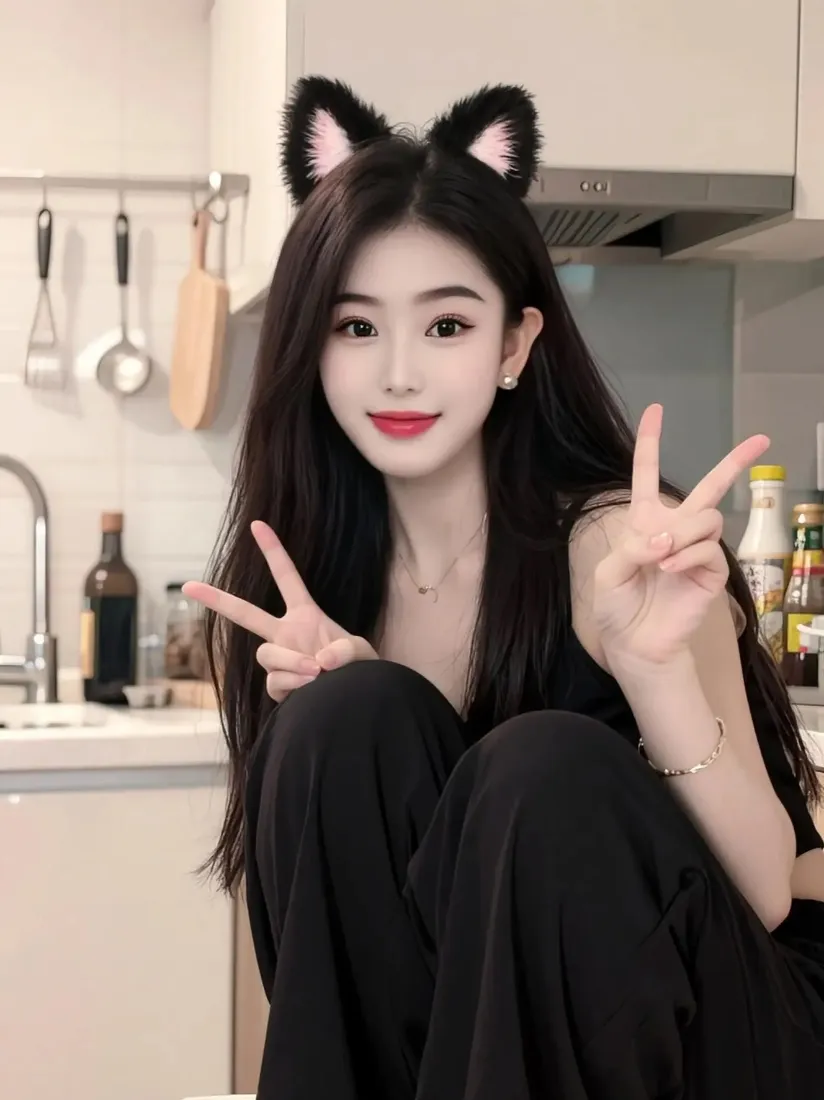 猫耳美女手机壁纸｜厨房背景图片 - 剪刀手红唇长发「哲风壁纸」