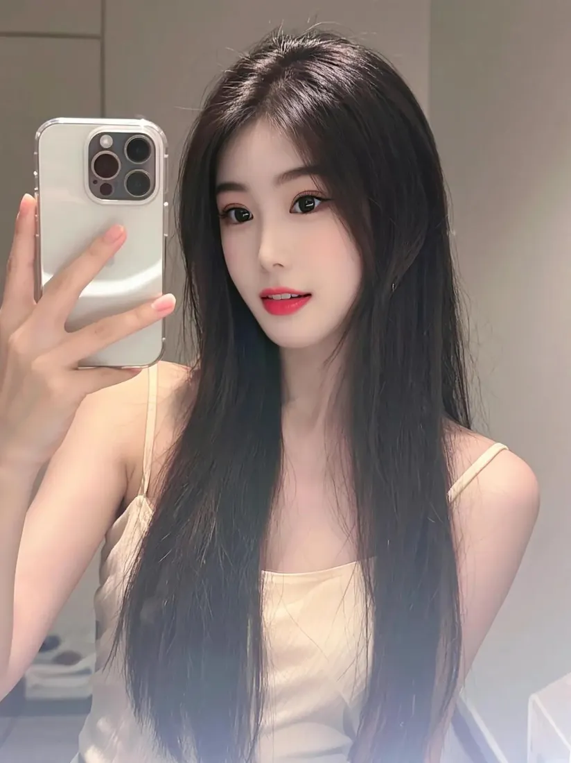 长发美女自拍手机壁纸｜室内镜子背景图 - 红唇米黄吊带「哲风壁纸」