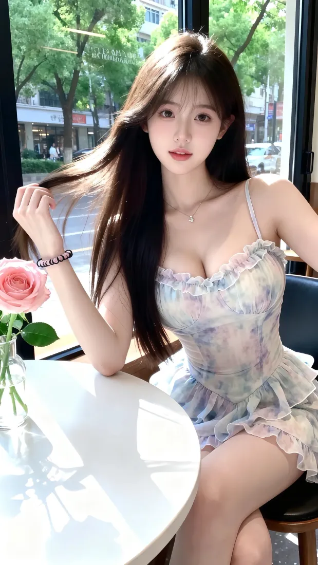 长发美女碎花裙手机壁纸｜窗边桌花背景图片 - 时尚穿搭「哲风壁纸」