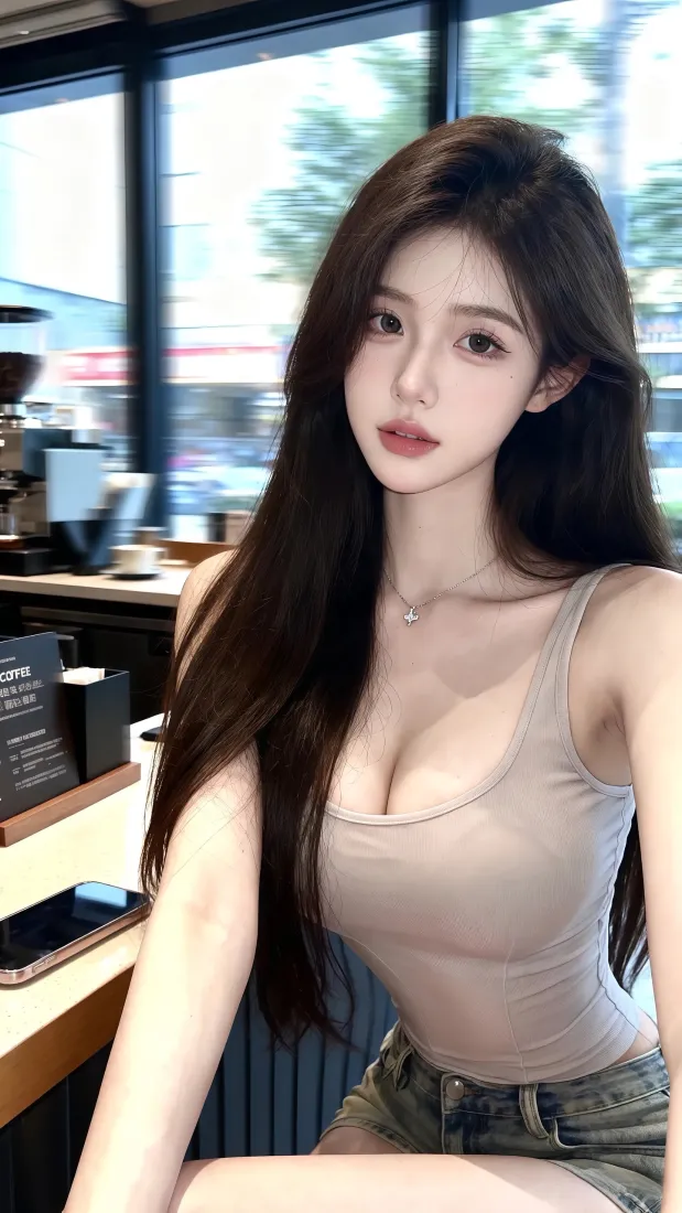 （长发美女手机壁纸｜咖啡馆背景图片 - 时尚穿搭）「哲风壁纸」