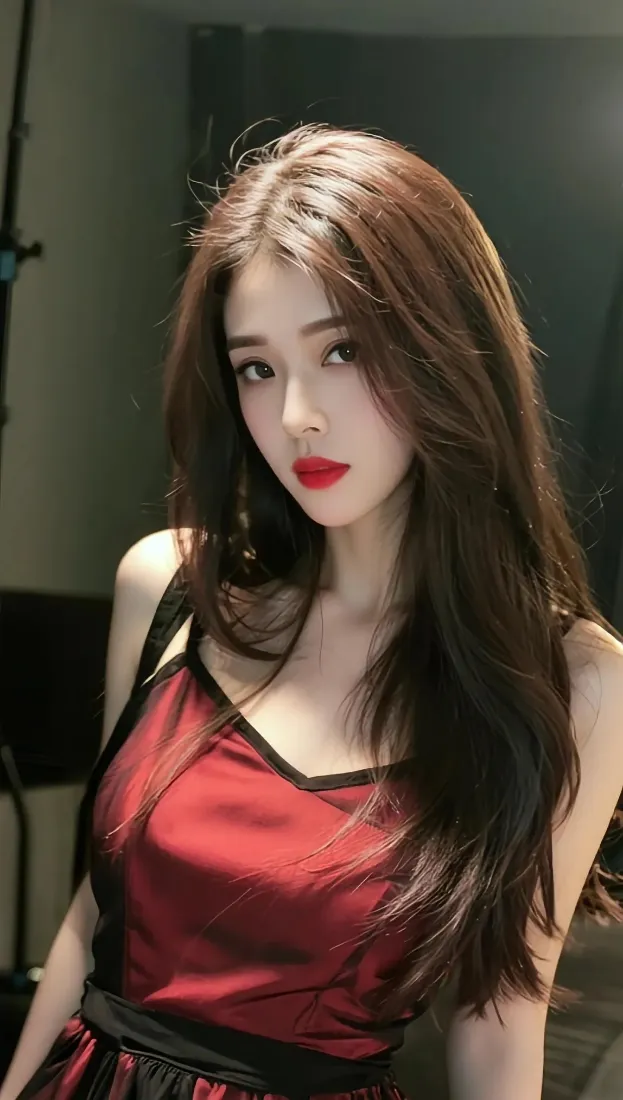 红衣美女手机壁纸｜室内背景图片 - 红唇长发气质「哲风壁纸」