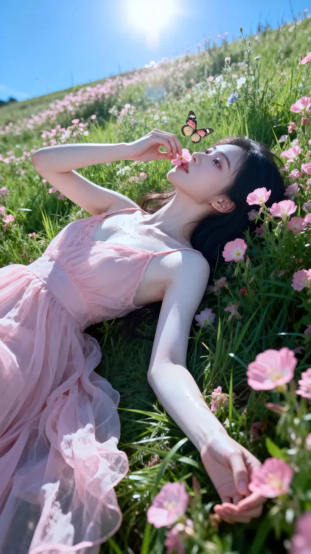 粉色连衣裙美女手机壁纸｜花海草地背景图片 - 清新浪漫「哲风壁纸」