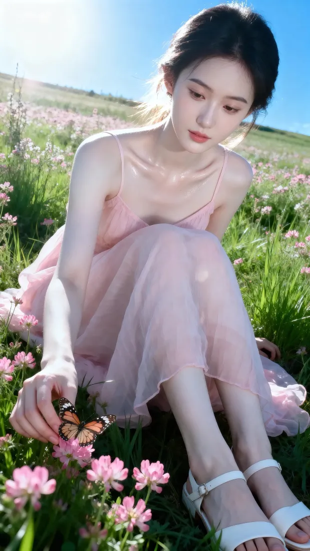 粉裙美女手机壁纸｜草地花海背景图 - 夏日甜美采摘「哲风壁纸」