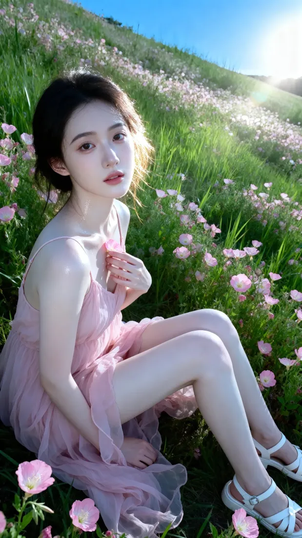 粉色纱裙美女手机壁纸｜草地花海背景图 - 清新户外甜美少女「哲风壁纸」