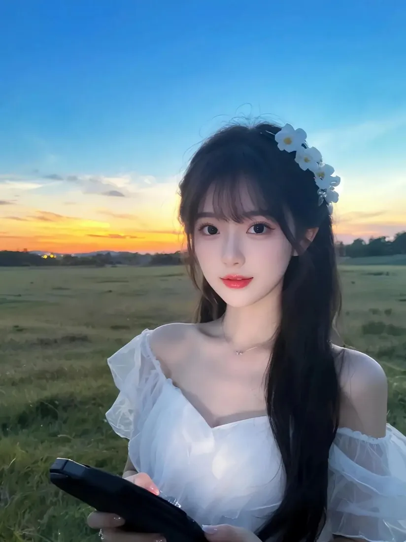 白衣美女手机壁纸｜草原日落背景图片 - 清新户外「哲风壁纸」