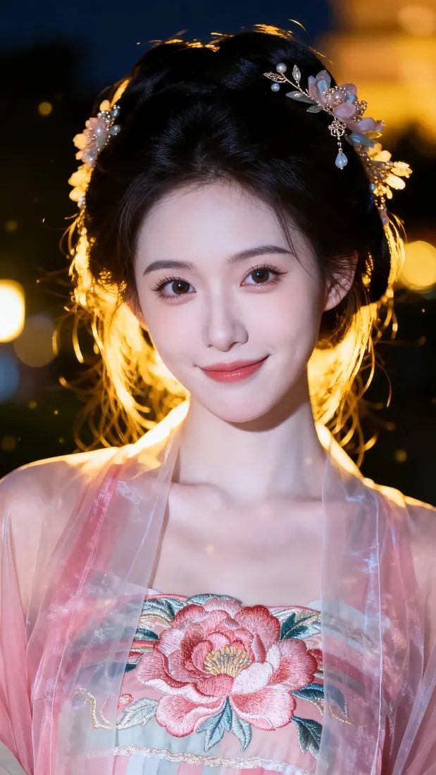 古风美女手机壁纸｜粉色汉服背景 - 夜景花饰「哲风壁纸」