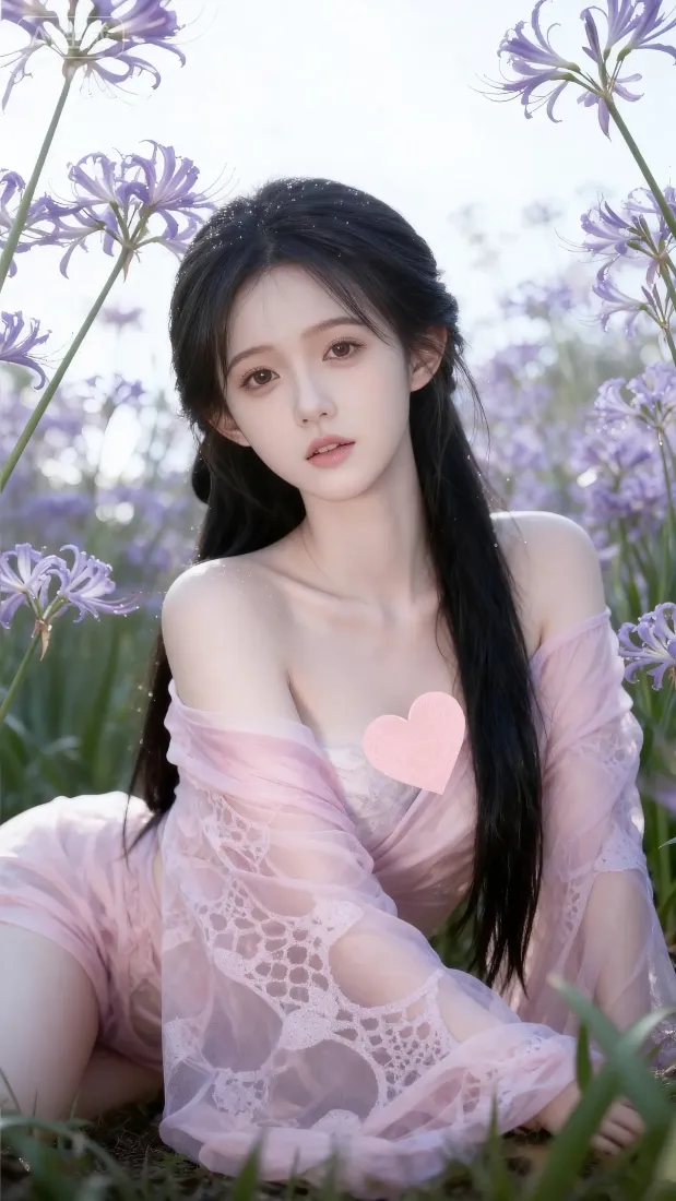 粉色蕾丝裙美女手机壁纸｜花丛背景 - 紫色花朵「哲风壁纸」