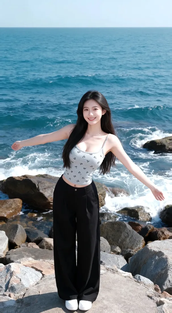 海边美女手机壁纸｜海景背景图片 - 礁石海浪「哲风壁纸」