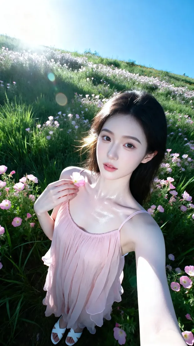 粉色裙美女手机壁纸｜花海草地背景图 - 清新自拍「哲风壁纸」