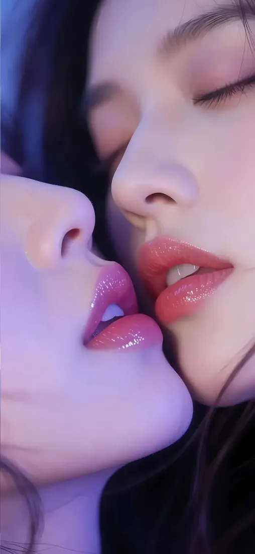 美女亲密特写手机壁纸｜紫调背景图片 - 红唇美妆「哲风壁纸」