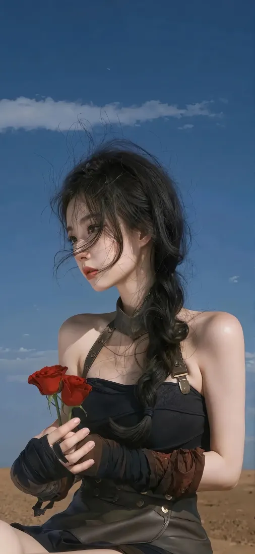 黑衣美女手机壁纸｜沙漠背景图片 - 红玫瑰「哲风壁纸」