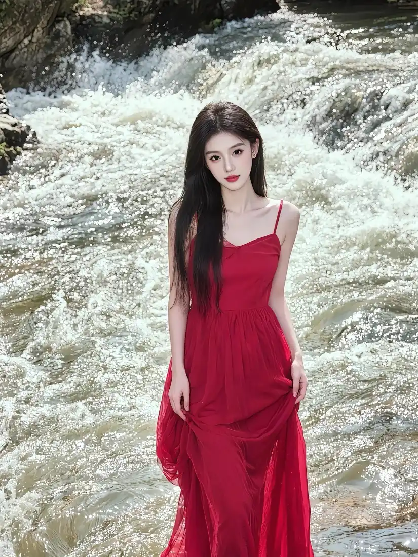 红衣美女手机壁纸｜溪流背景图片 - 自然风景「哲风壁纸」