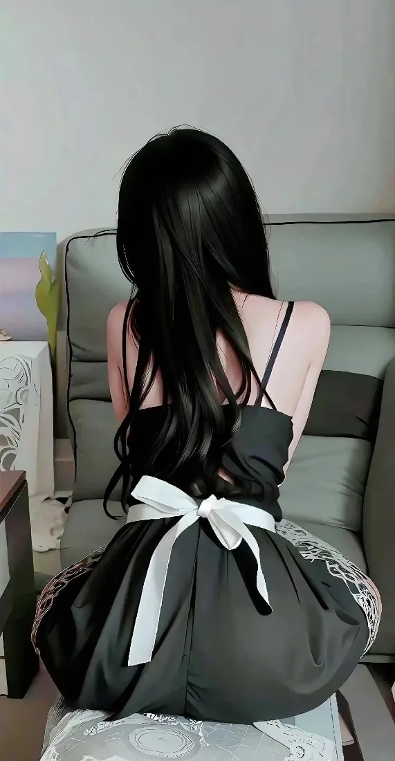 黑衣美女手机壁纸｜室内沙发背景图片 - 蝴蝶结连衣裙「哲风壁纸」