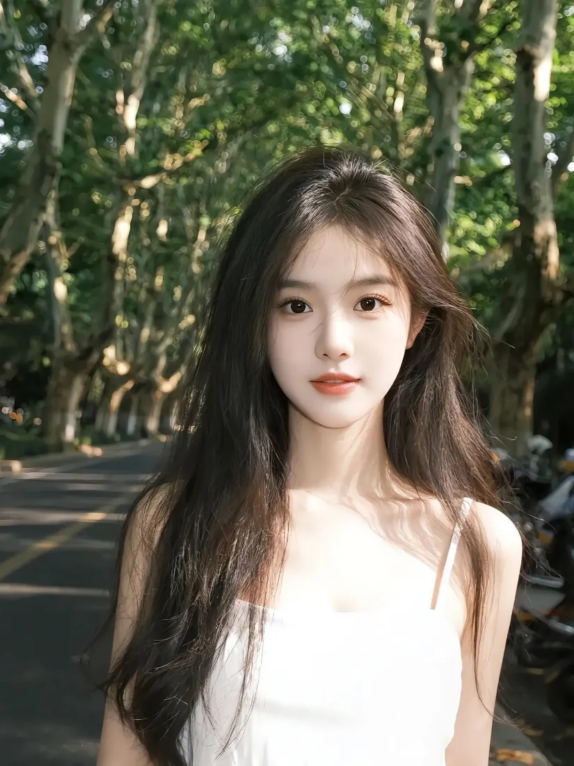 长发美女手机壁纸｜林荫道背景图片 - 白色吊带「哲风壁纸」