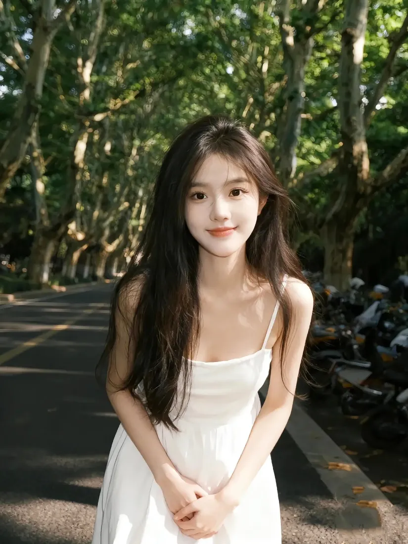 白衣美女手机壁纸｜林荫道背景图片 - 清新夏日「哲风壁纸」