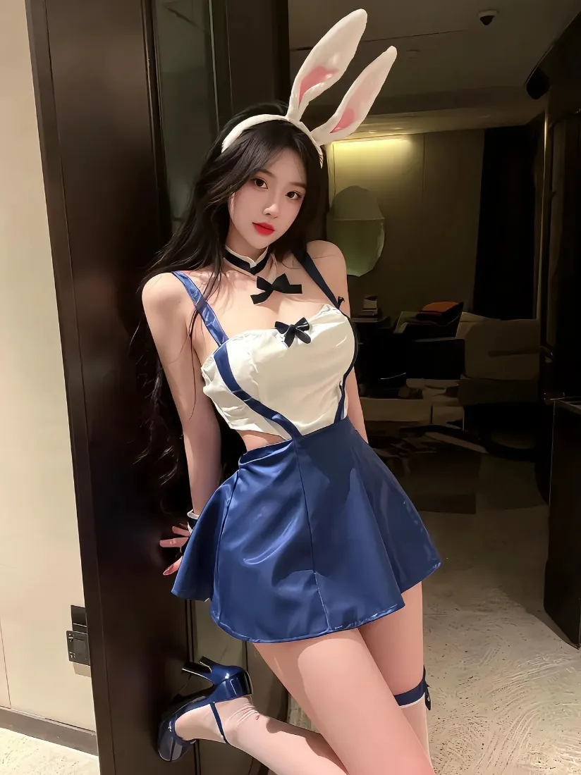 兔女郎美女手机壁纸｜室内背景 - 蓝色短裙兔耳「哲风壁纸」