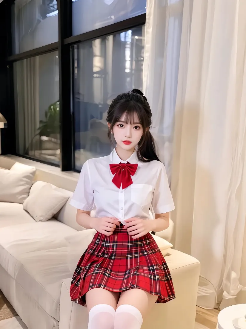 JK制服美女手机壁纸｜室内背景图片 - 红格裙少女「哲风壁纸」