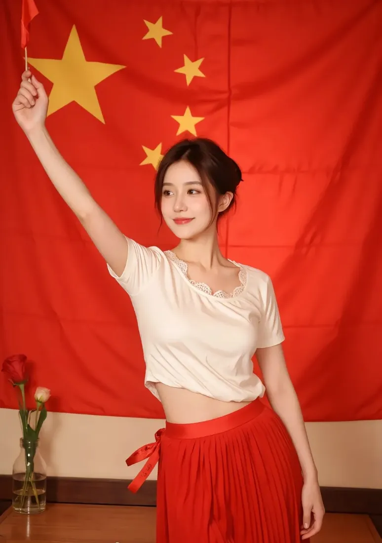 红衣美女手机壁纸｜国旗背景图片 - 白上衣红裙「哲风壁纸」