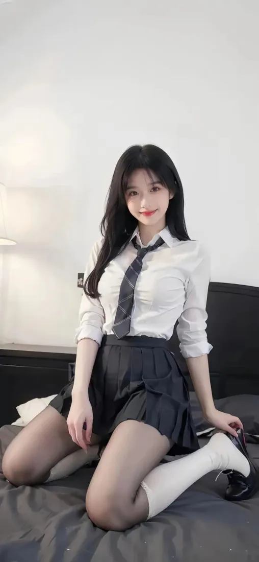 黑长直美女手机壁纸｜室内床背景 - 黑丝白袜穿搭「哲风壁纸」