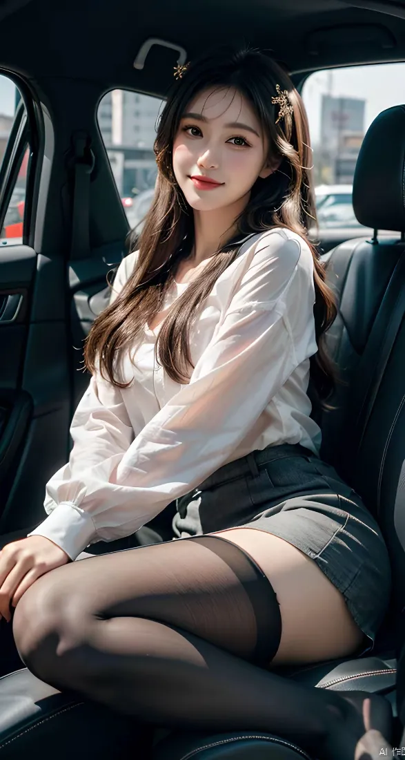 车内美女手机壁纸｜汽车内饰背景图片 - 黑丝白衬衫「哲风壁纸」