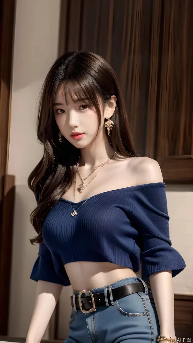 深蓝上衣美女手机壁纸｜室内背景图片 - 时尚穿搭「哲风壁纸」