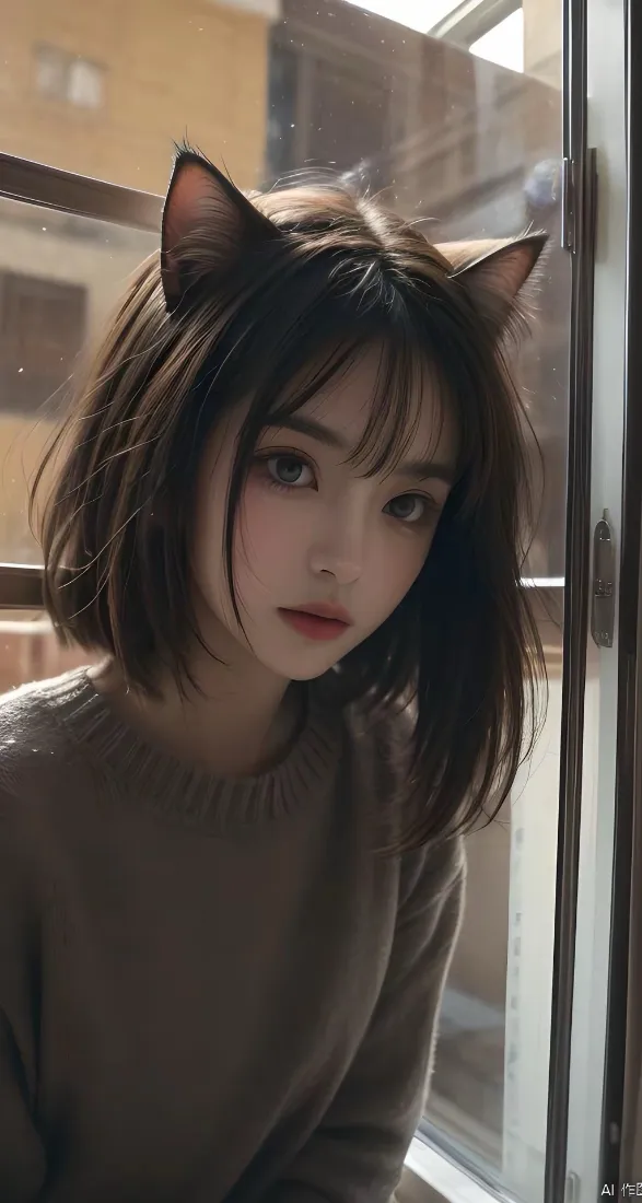 猫耳短发美女手机壁纸｜室内背景图片 - 棕色毛衣「哲风壁纸」