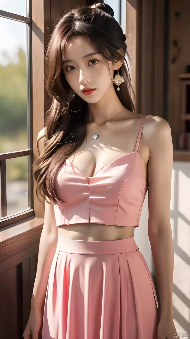 粉色吊带裙美女手机壁纸｜窗边背景图片 - 甜美气质「哲风壁纸」