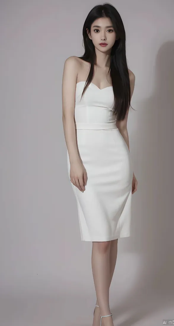 白衣长发美女手机壁纸｜简约灰背景图片 - 修身白裙「哲风壁纸」