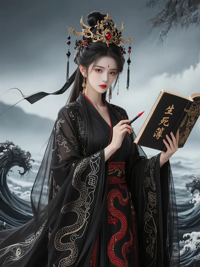 古风美女手机壁纸｜海浪背景图片 - 古装黑衣女子「哲风壁纸」