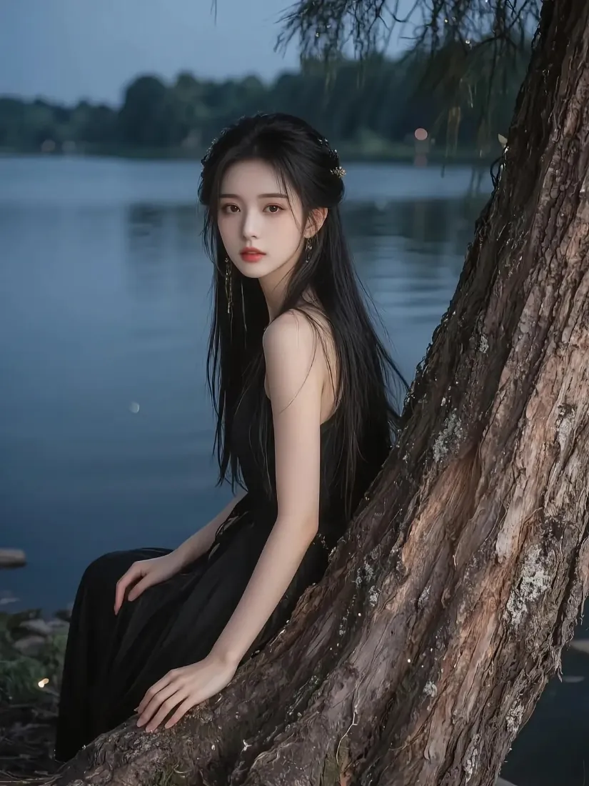 黑衣美女手机壁纸｜湖边背景图片 - 夜景「哲风壁纸」