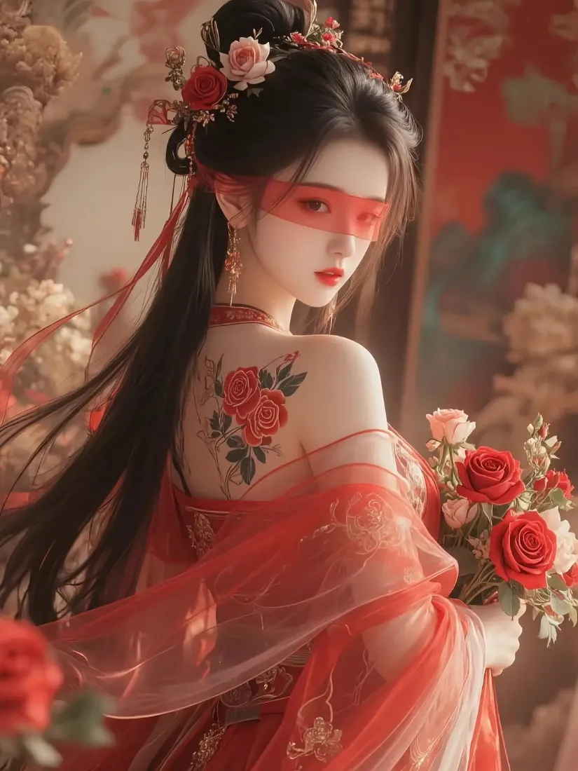 红衣美女手机壁纸｜古风背景图片 - 玫瑰汉服「哲风壁纸」