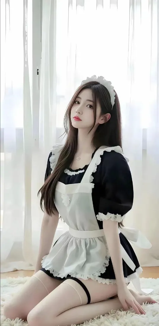 女仆装美女手机壁纸｜室内背景图片 - 可爱坐姿「哲风壁纸」