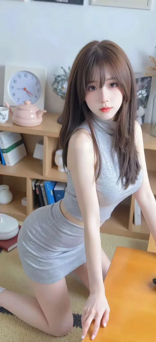 灰色连衣裙美女手机壁纸｜室内背景图片 - 时尚家居「哲风壁纸」