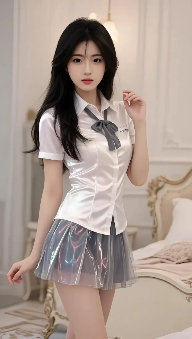 白衣美女手机壁纸｜卧室背景图 - 银色短裙「哲风壁纸」