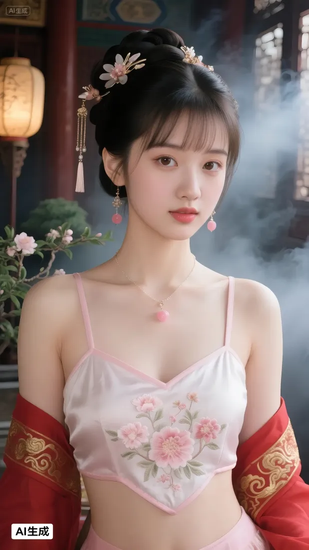 古风美女手机壁纸｜中式背景图 - 古装红衣烟雾花卉「哲风壁纸」