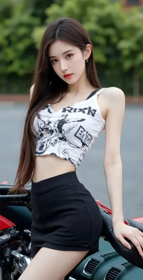 白衣美女手机壁纸｜户外背景图片 - 黑色短裙摩托「哲风壁纸」